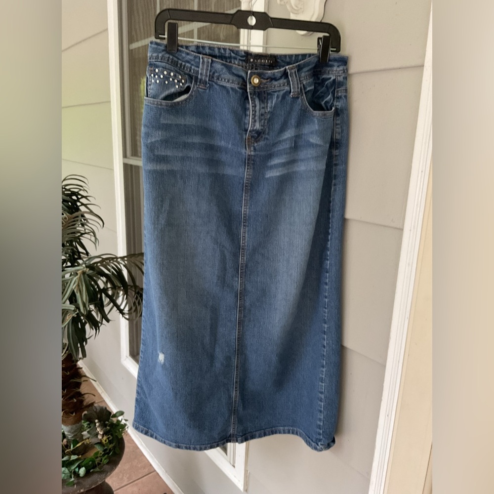 Baccini Women's Denim Blue Jean Skirt Modest Church Size 10 Long Length 33" EUC